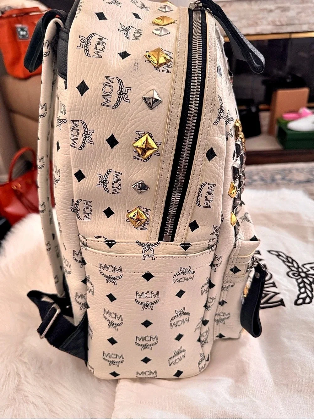 MCM Stark Side Studs Backpack in White & Black